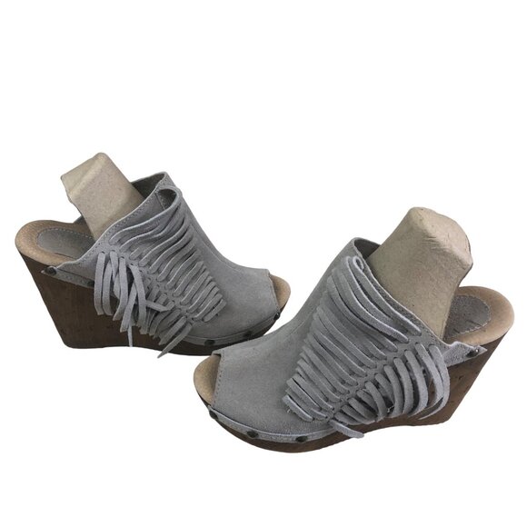 Sbicca Gray Suede Peep-Toe Fringe Wedge Sandals 5” Wooden Heel Size 10 M Boho - Picture 2 of 16